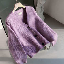 春秋新款马海毛毛衣短款紫色花纱羊毛针织v领开衫女宽松外套